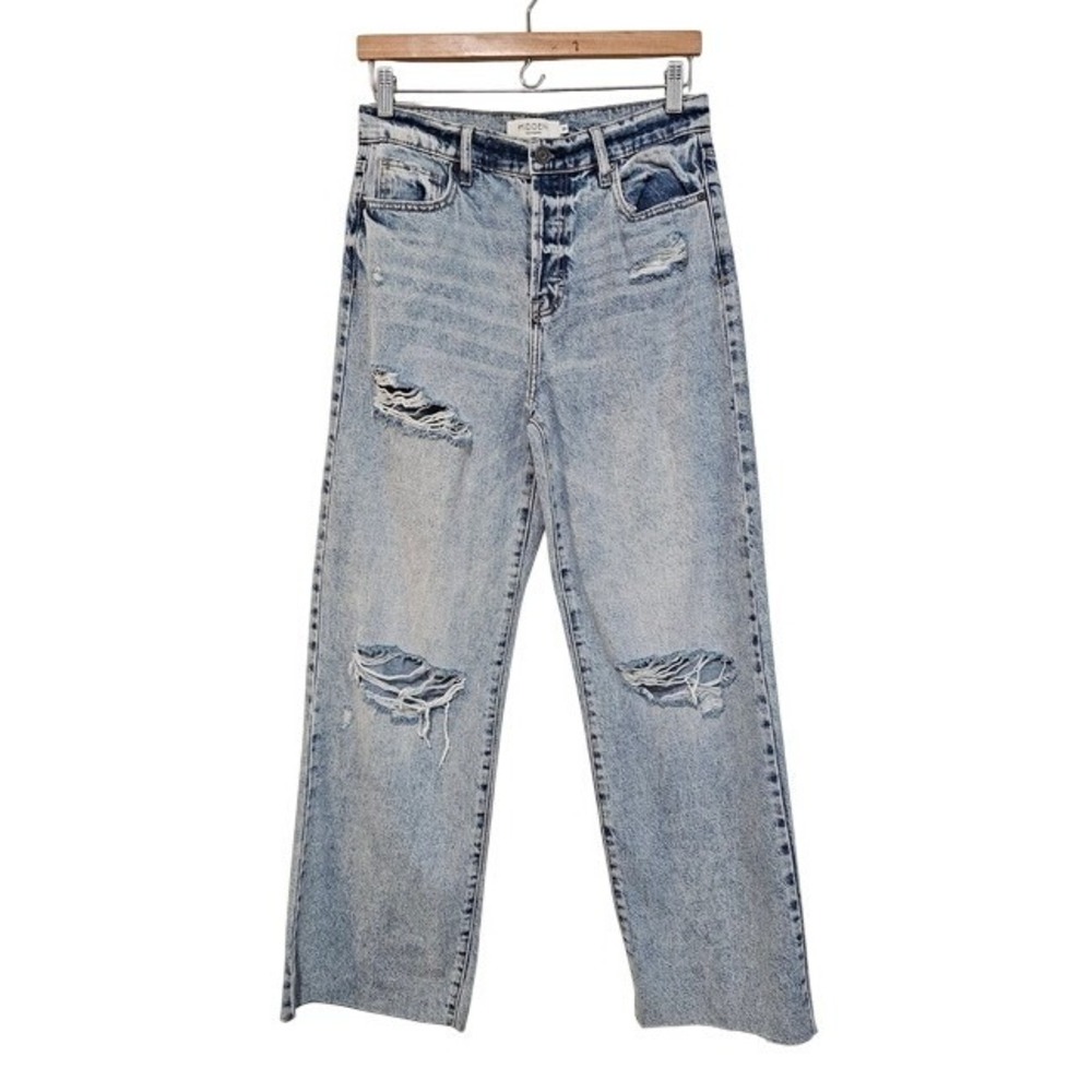 Hidden Jeans Straight Leg 28 Light Blue Distressed Button Fly Raw Hem Denim ~